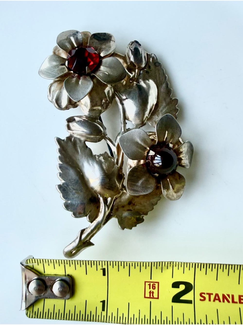 Vintage Gold Over Sterling Silver Large Red Cabochon Floral Bouquet Brooch Pin - Picture 16 of 16
